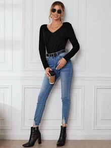 Camiseta con encaje corte V trasero - Negro - Ver 4