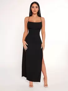 SHEIN PETITE 露背交叉高衩吊帶洋裝 - 黑色 - 查看 1