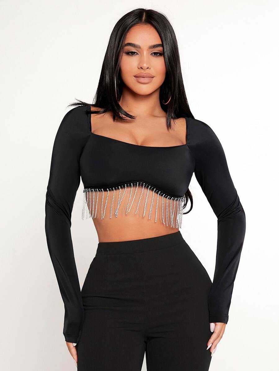 SHEIN PETITE Top corto con diamante de imitación ribete con fleco - Negro - Ver 1