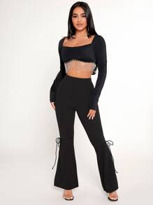 SHEIN PETITE Top corto con diamante de imitación ribete con fleco - Negro - Ver 3