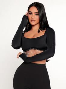 SHEIN PETITE Top corto con diamante de imitación ribete con fleco - Negro - Ver 4