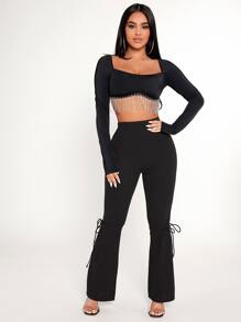 SHEIN PETITE Top corto con diamante de imitación ribete con fleco - Negro - Ver 5