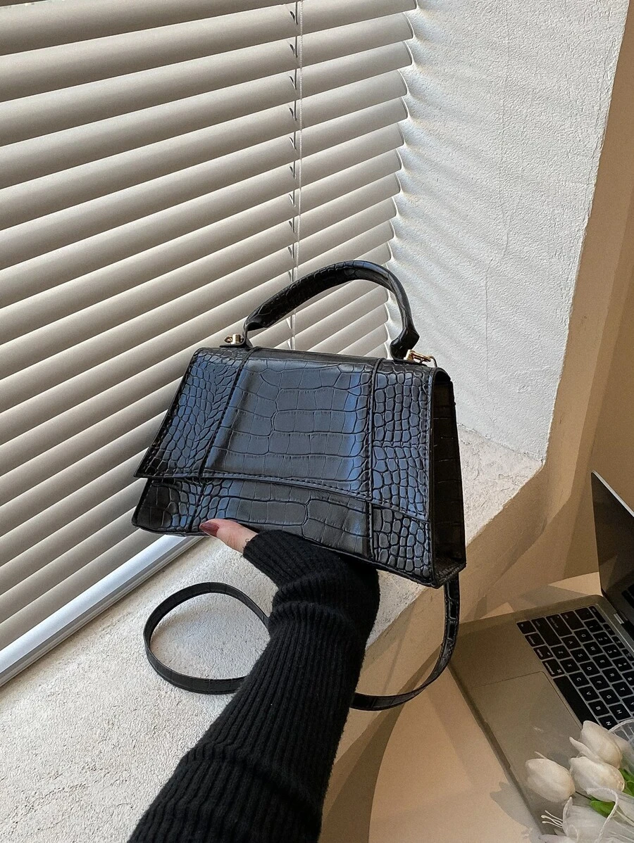 Waterproof,Lightweight,Business Casual Crocodile Embossed Flap Square Bag For Teen Girls Women College Students,Rookies & White-collar Workers Perfect for Office,College,Work ,Business,Commute - Black - View 1