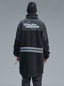 Men Reflective Letter Graphic Zipper Pocket Buckle Drawstring Cuff Padded Coat - Black - View 2