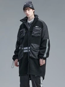 Men Reflective Letter Graphic Zipper Pocket Buckle Drawstring Cuff Padded Coat - Black - View 3