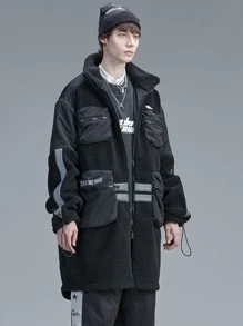 Men Reflective Letter Graphic Zipper Pocket Buckle Drawstring Cuff Padded Coat - Black - View 4