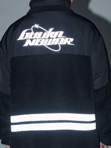 Men Reflective Letter Graphic Zipper Pocket Buckle Drawstring Cuff Padded Coat - Black - View 5