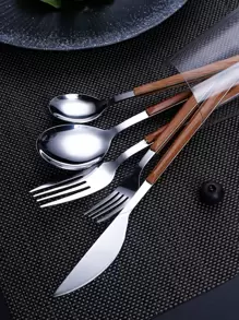 5 件套不锈钢勺子、叉子和刀子学校用品、圣诞礼物 - 銀色 - 查看 3