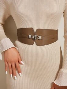 Metal Buckle Elastic Belt - Brown - View 1