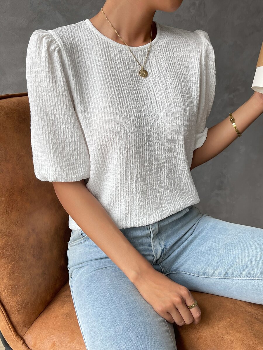 SHEIN LUNE Blusa unicolor de manga farol - Blanco - Ver 1