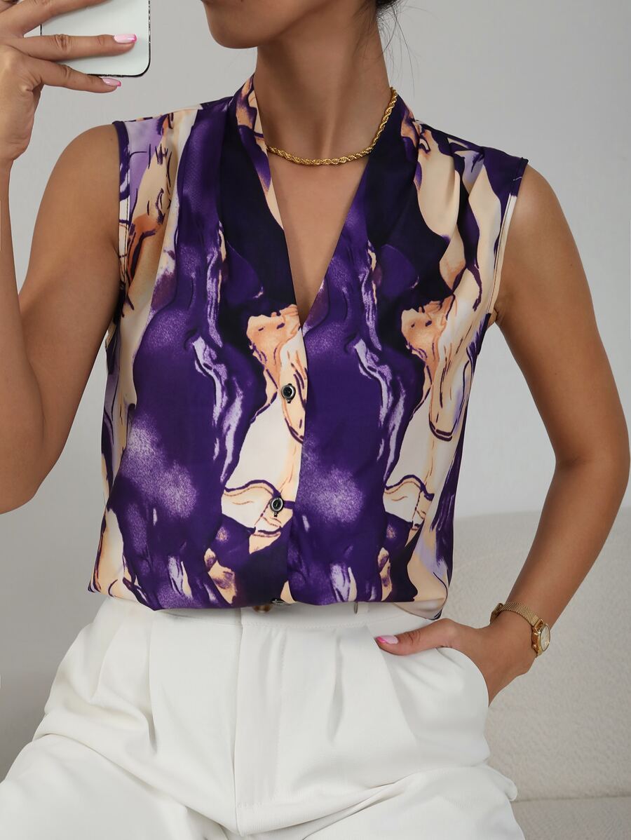 SHEIN Privé Áo sơ mi nữ Nút phía trước Đồ họa Giải trí - Màu tím - Xem 1
