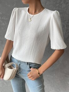 SHEIN LUNE Blusa unicolor de manga farol - Blanco - Ver 3