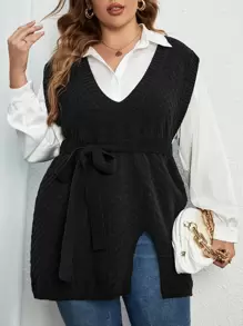 Calvaya Plus Split Hem Belted Sweater Vest Without Blouse, For Winter - Black - View 1