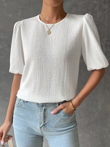 SHEIN LUNE Blusa unicolor de manga farol - Blanco - Ver 4