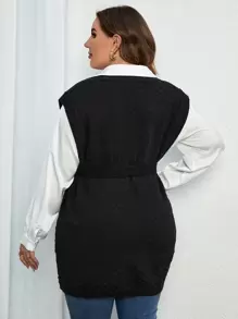 Calvaya Plus Split Hem Belted Sweater Vest Without Blouse, For Winter - Black - View 2