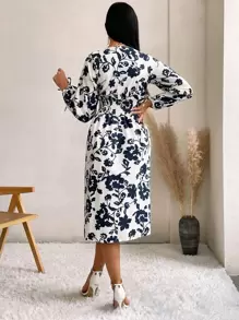 GENKIRA Đầm Nút Dải chun Hoa Tất cả trên in Giải trí - Xanh và trắng - Xem 2