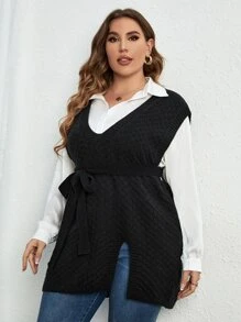 Calvaya Plus Split Hem Belted Sweater Vest Without Blouse, For Winter - Black - View 3