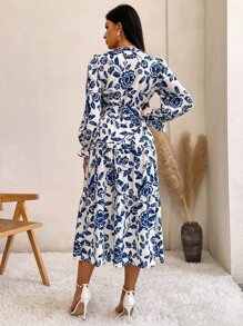 Aveloria 滿版印花荷葉袖繫腰帶連衣裙 - 藍白色 - 查看 2