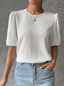 SHEIN LUNE Blusa unicolor de manga farol - Blanco - Ver 5