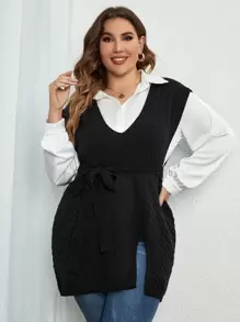 Calvaya Plus Split Hem Belted Sweater Vest Without Blouse, For Winter - Black - View 4