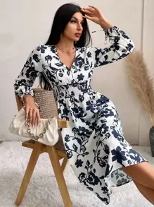 GENKIRA Đầm Nút Dải chun Hoa Tất cả trên in Giải trí - Xanh và trắng - Xem 3
