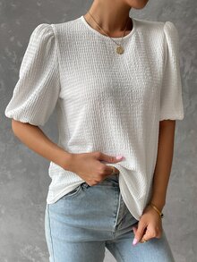 SHEIN LUNE Blusa unicolor de manga farol - Blanco - Ver 6