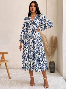 Aveloria 滿版印花荷葉袖繫腰帶連衣裙 - 藍白色 - 查看 3