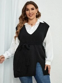 Calvaya Plus Split Hem Belted Sweater Vest Without Blouse, For Winter - Black - View 5