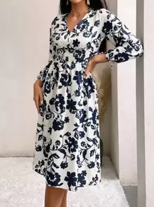 GENKIRA Đầm Nút Dải chun Hoa Tất cả trên in Giải trí - Xanh và trắng - Xem 5