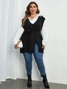 Calvaya Plus Split Hem Belted Sweater Vest Without Blouse, For Winter - Black - View 6