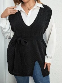Calvaya Plus Split Hem Belted Sweater Vest Without Blouse, For Winter - Black - View 7