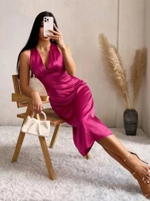 SHEIN Privé Plunge Neck Sleeveless Fitted Dress - Hot Pink - View 5