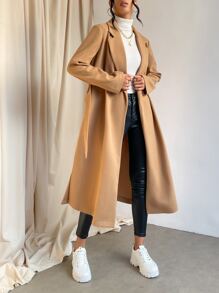 SHEIN Essnce Lapel Collar Split Hem Belted Overcoat In Fall/Winter - Camel - View 1