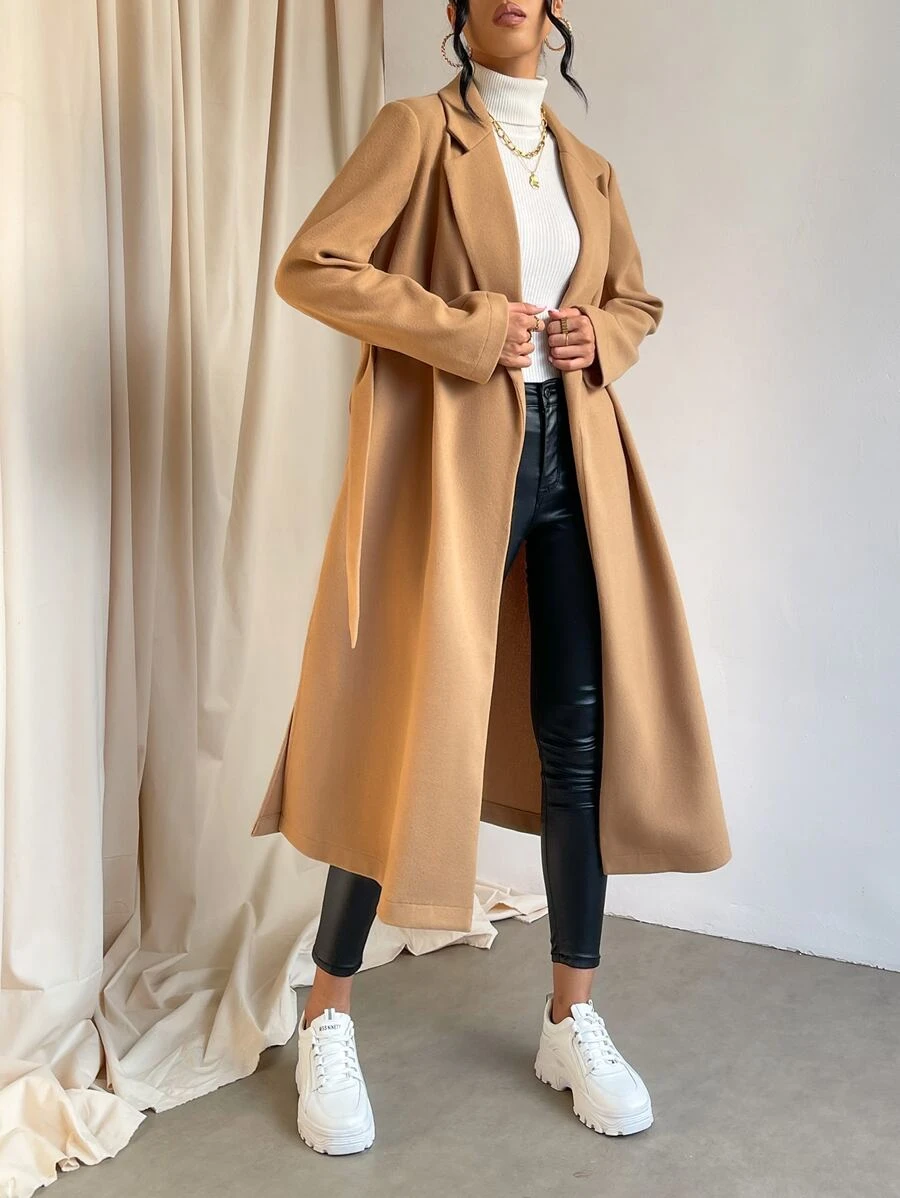 SHEIN Essnce Lapel Collar Split Hem Belted Overcoat In Fall/Winter - Camel - View 1