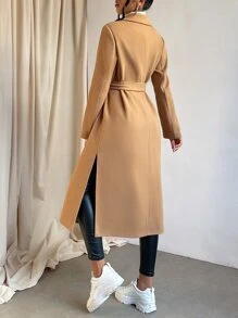 SHEIN Essnce Lapel Collar Split Hem Belted Overcoat In Fall/Winter - Camel - View 2