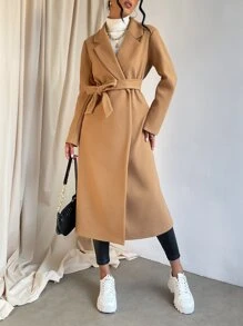 SHEIN Essnce Lapel Collar Split Hem Belted Overcoat In Fall/Winter - Camel - View 3