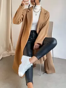 SHEIN Essnce Lapel Collar Split Hem Belted Overcoat In Fall/Winter - Camel - View 4