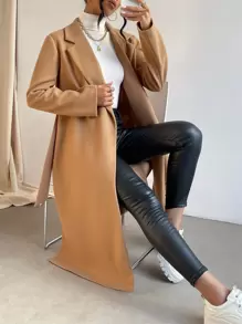 SHEIN Essnce Lapel Collar Split Hem Belted Overcoat In Fall/Winter - Camel - View 5