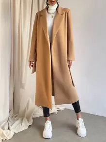 SHEIN Essnce Lapel Collar Split Hem Belted Overcoat In Fall/Winter - Camel - View 6