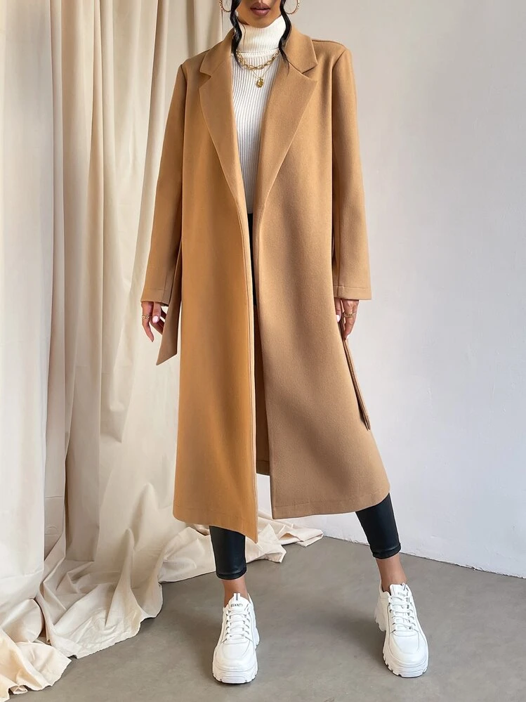 SHEIN Essnce เสื้อโค้ทคอปกแบบผ่าชายเสื้อพร้อมเข็มขัด สำหรับฤดูใบไม้ร่วง/ฤดูหนาว - สีอูฐ - ดู 6