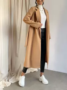 SHEIN Essnce Lapel Collar Split Hem Belted Overcoat In Fall/Winter - Camel - View 7