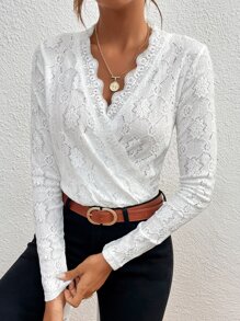 SHEIN Frenchy Surplice Neck Lace Bodysuit - Apricot - View 1