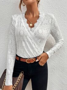 SHEIN Frenchy Surplice Neck Lace Bodysuit - Apricot - View 3