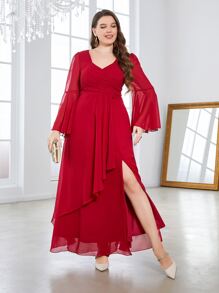 SHEIN Belle Hơn Cổ Trái tim tay áo lá sen Tách đùi Váy phù dâu - Đỏ - Xem 3