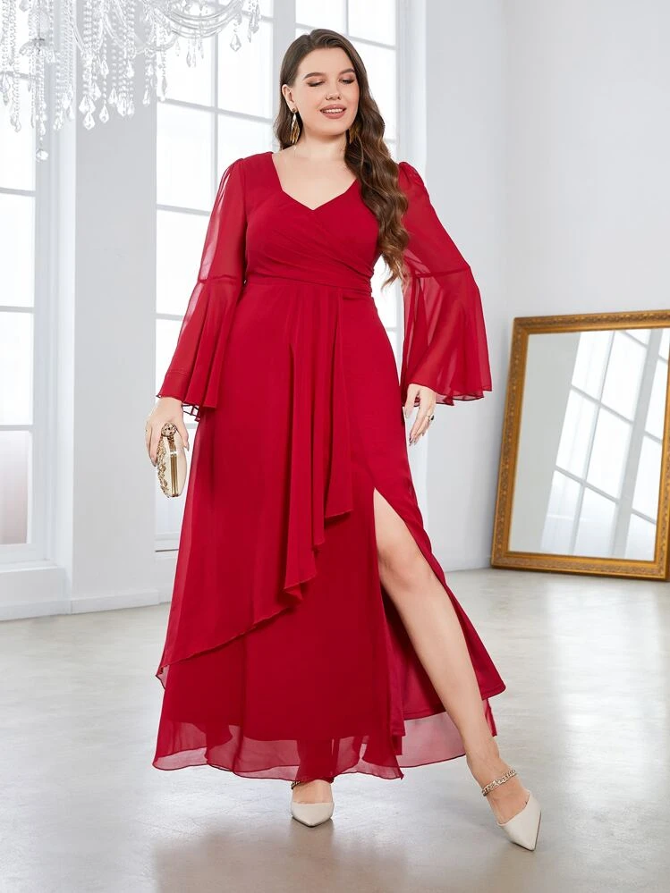 SHEIN Belle Talla grande Vestido de dama de honor escote corazón de manga con volante de muslo con abertura - Rojo - Añade 3