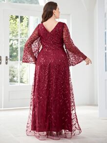 SHEIN Belle 大碼亮片拼接植物刺繡喇叭袖伴娘連衣裙 - 酒紅色 - 查看 2