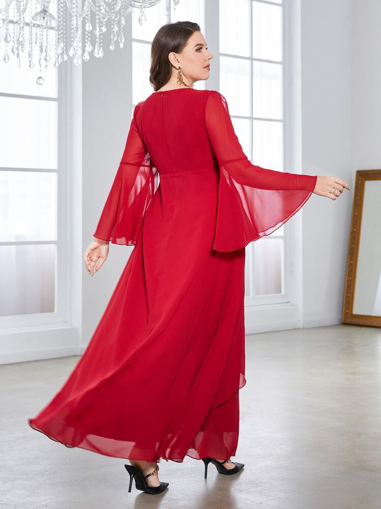 SHEIN Belle Talla grande Vestido de dama de honor escote corazón de manga con volante de muslo con abertura - Rojo - Añade 2