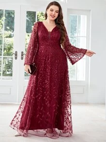 SHEIN Belle 大碼亮片拼接植物刺繡喇叭袖伴娘連衣裙 - 酒紅色 - 查看 4