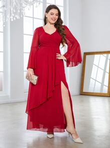 SHEIN Belle Hơn Cổ Trái tim tay áo lá sen Tách đùi Váy phù dâu - Đỏ - Xem 4