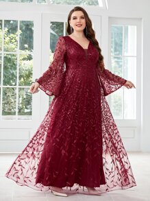 SHEIN Belle 大碼亮片拼接植物刺繡喇叭袖伴娘連衣裙 - 酒紅色 - 查看 1